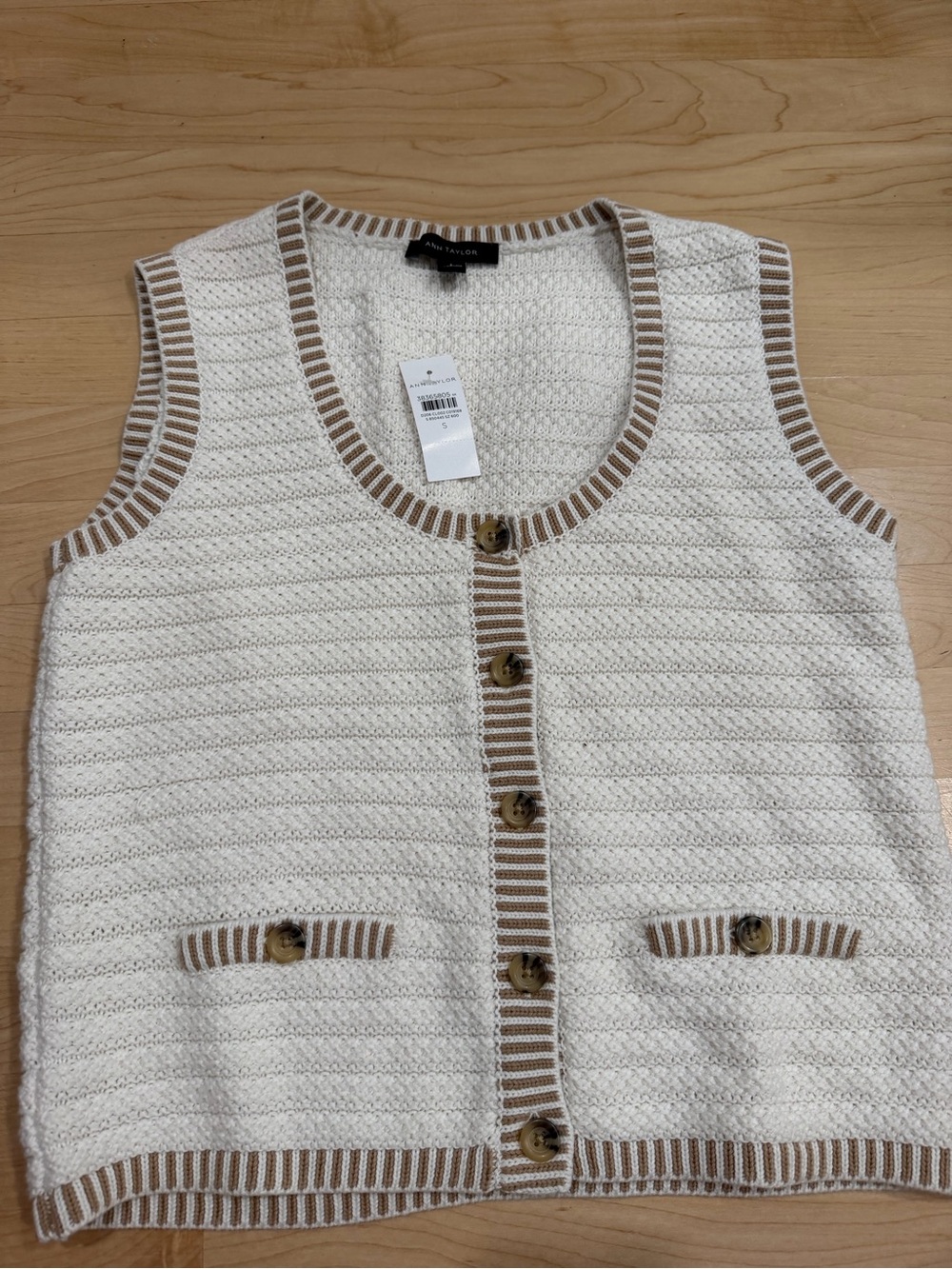 Ann Taylor Cream Sleeveless Knit Vest with Tan Stripe Trim
